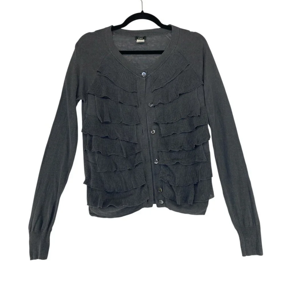 J.Crew Gray Ruffle Cardigan Silk Linen Long Sleeve Lightweight Semi Sheer S - M - Picture 2 of 9